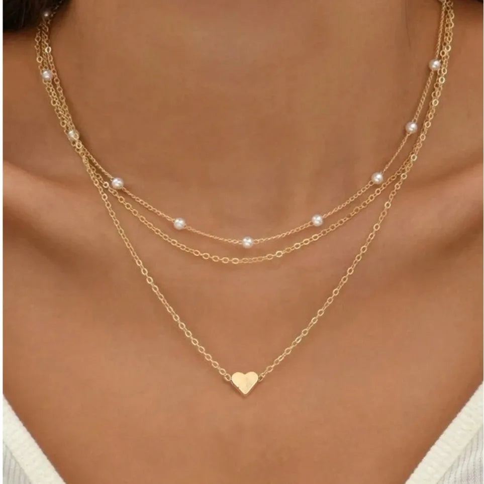 Pearl and Heart Pendant 14K Gold Waterproof Necklace Set (3 Pieces)