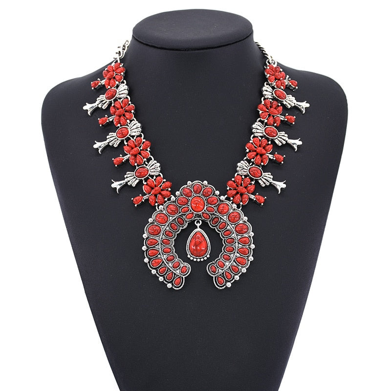 Western Jewelry American Tribal Big Chunky Bold Statement Accessories Femme Squash Blossom Turquoise Necklace for Women