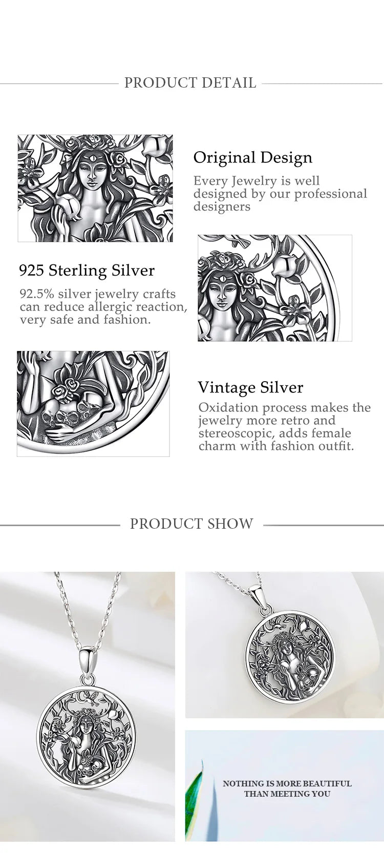 Persephone Pomegranate Skull Necklace, S925 Sterling Silver