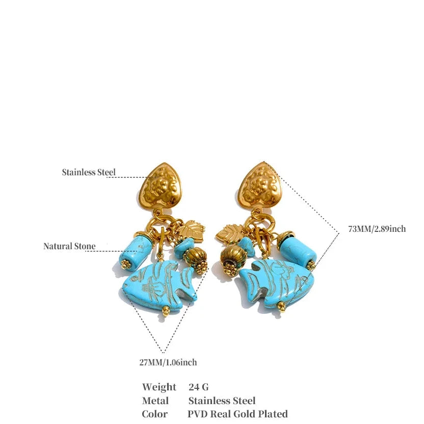 Blue Stone Fish Drop Earrings, 18K Gold Ocean Summer Stainless Steel Jewelry