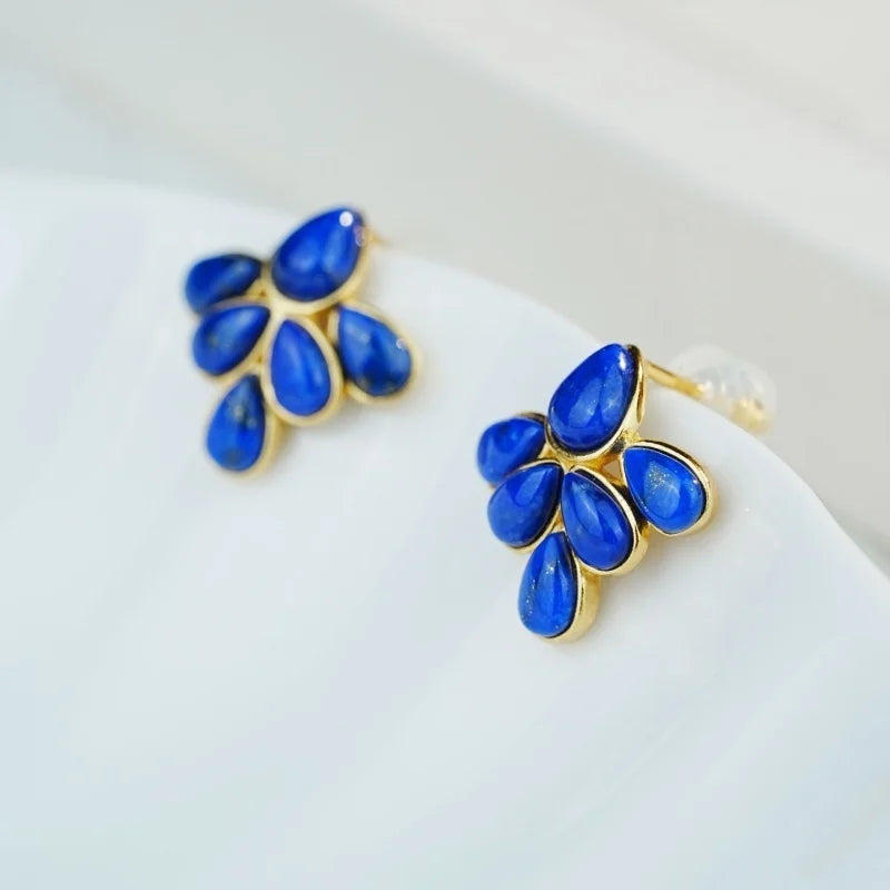 GEEZENCA 925 Silver Lapis Lazuli Turquoise Leaf Stud Earrings Women Gold Plated Trendy Dainty Lightweight Statement Earring Gift - Charlie Dolly