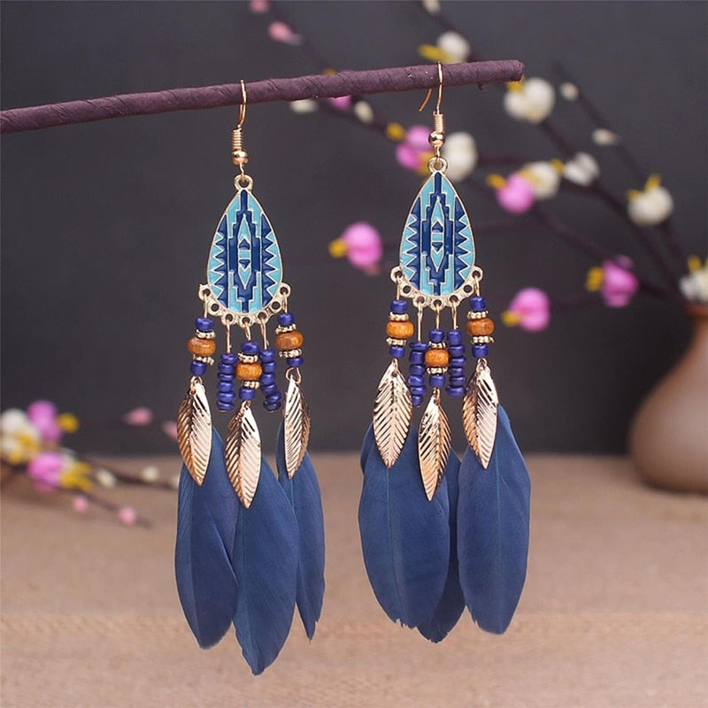 Boho Long Feather Dangle Women's Earrings Beach Long Tassel Beads Handmade Flower Enamel Earrings Bride Wedding Pendientes Mujer