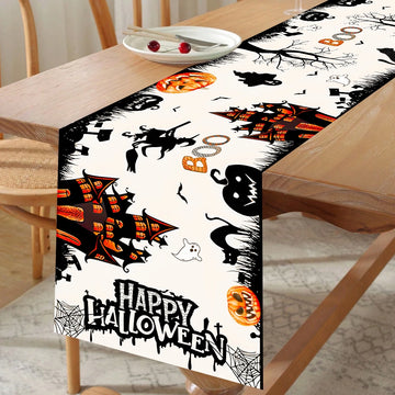 Halloween Table Runner Happy Halloween Party Decorations For Home 2024 Ghost Pumpkin Witch Bat Kitchen Dining Table Runner - Charlie Dolly