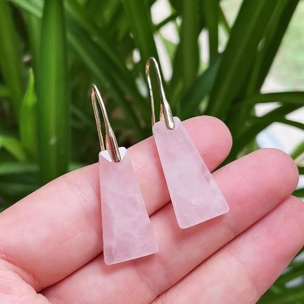 Natural Crystal Geometric Drop Earrings, Amethyst Rose Quartz Healing Tassel Jewelry