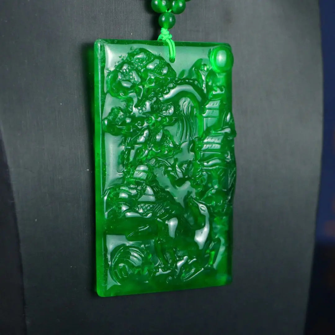 Myanmar Ice Jadeite Carved Landscape Amulet Necklace, Sacred Mountain Talisman