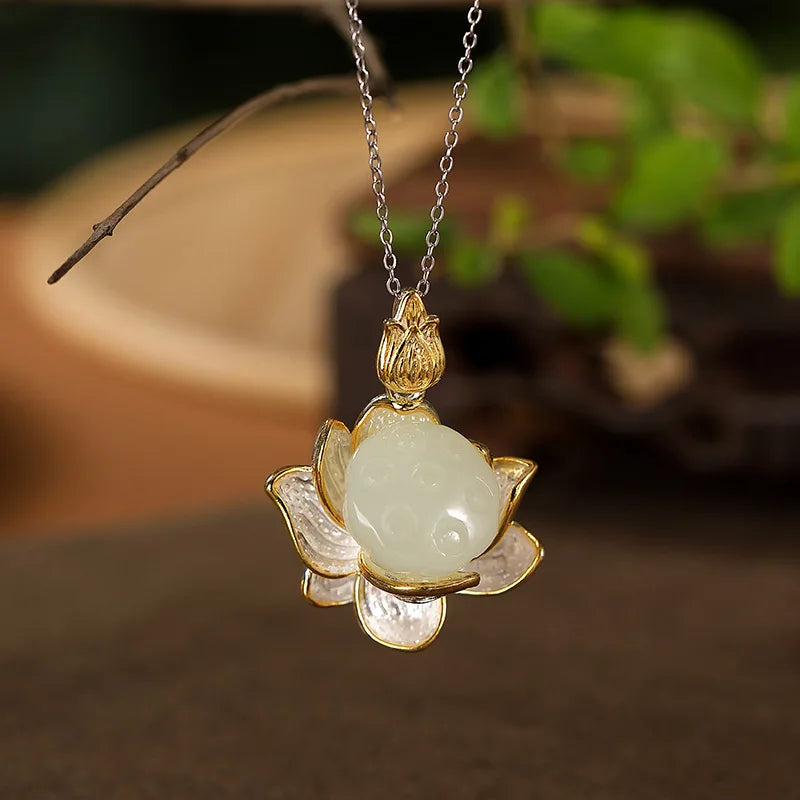 Natural Hotan Jade Lotus Flower Jewelry Set, Necklace Ring Bracelet Hairpin Boutique