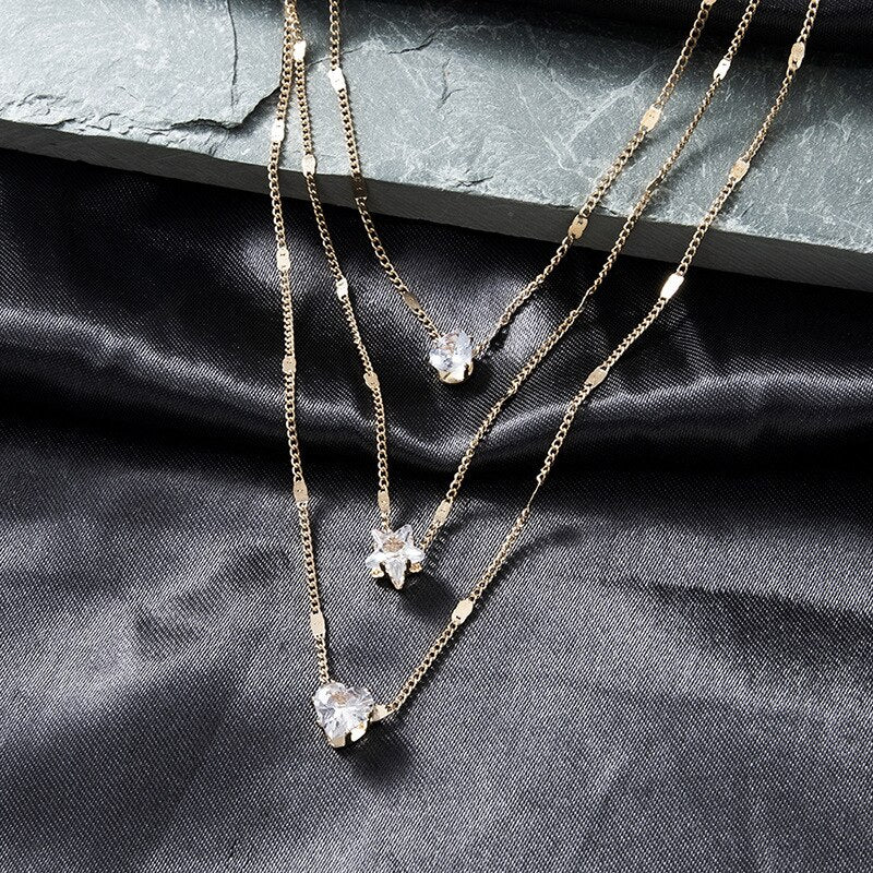 Shiny Crystal Zircon Heart Star Charm Layered Pendant Necklace for Women Charms Fashion Square Rhinestone Female Vintage Jewelry