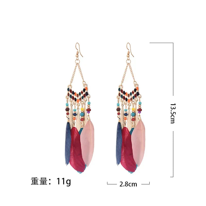 Feather Colorful Bead Long Tassel Earrings Jewelry