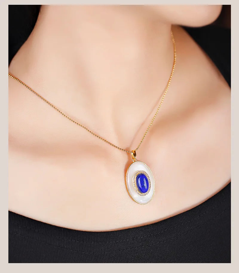 S925 Silver Lapis Lazuli White Shell Suit Earrings Necklace Pendant Light Luxury Fashion New Temperament Elegant Female - Charlie Dolly
