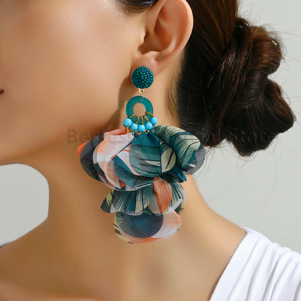 Acrylic Bead Yarn Petal Long Dangle Earrings Jewelry