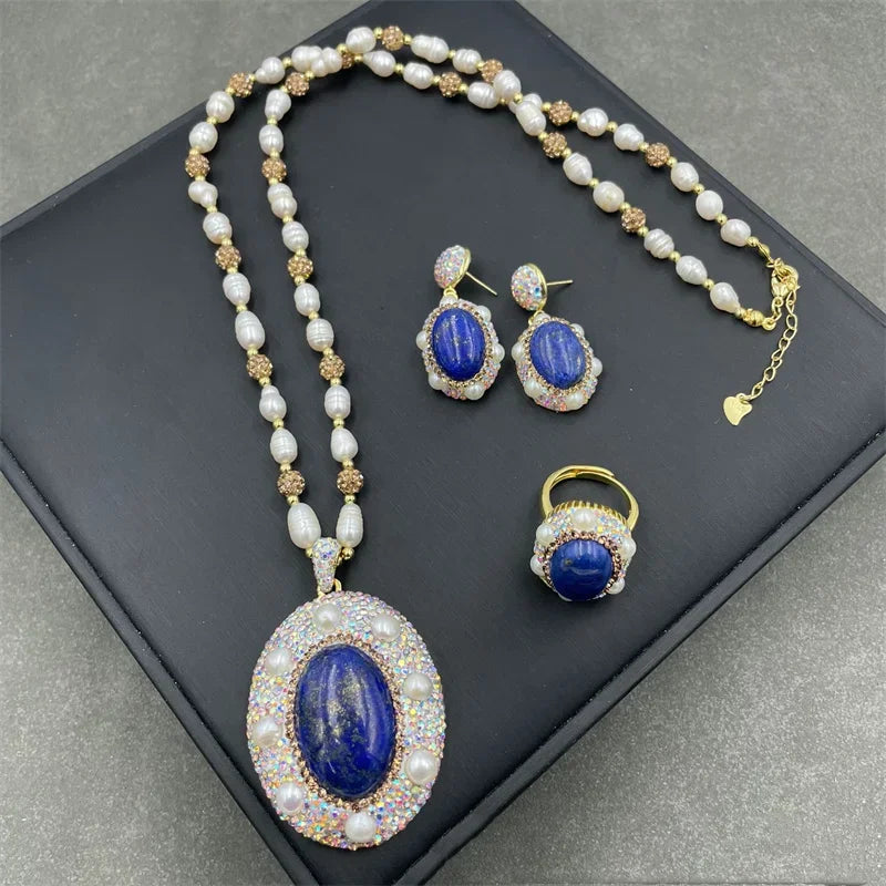 Unique Natural Lapis lazuli Gemstone Jewelry Set for Women AB Rhinestone Freshwater Pearl Quartz Necklace Rings Lady Dress Acces - Charlie Dolly