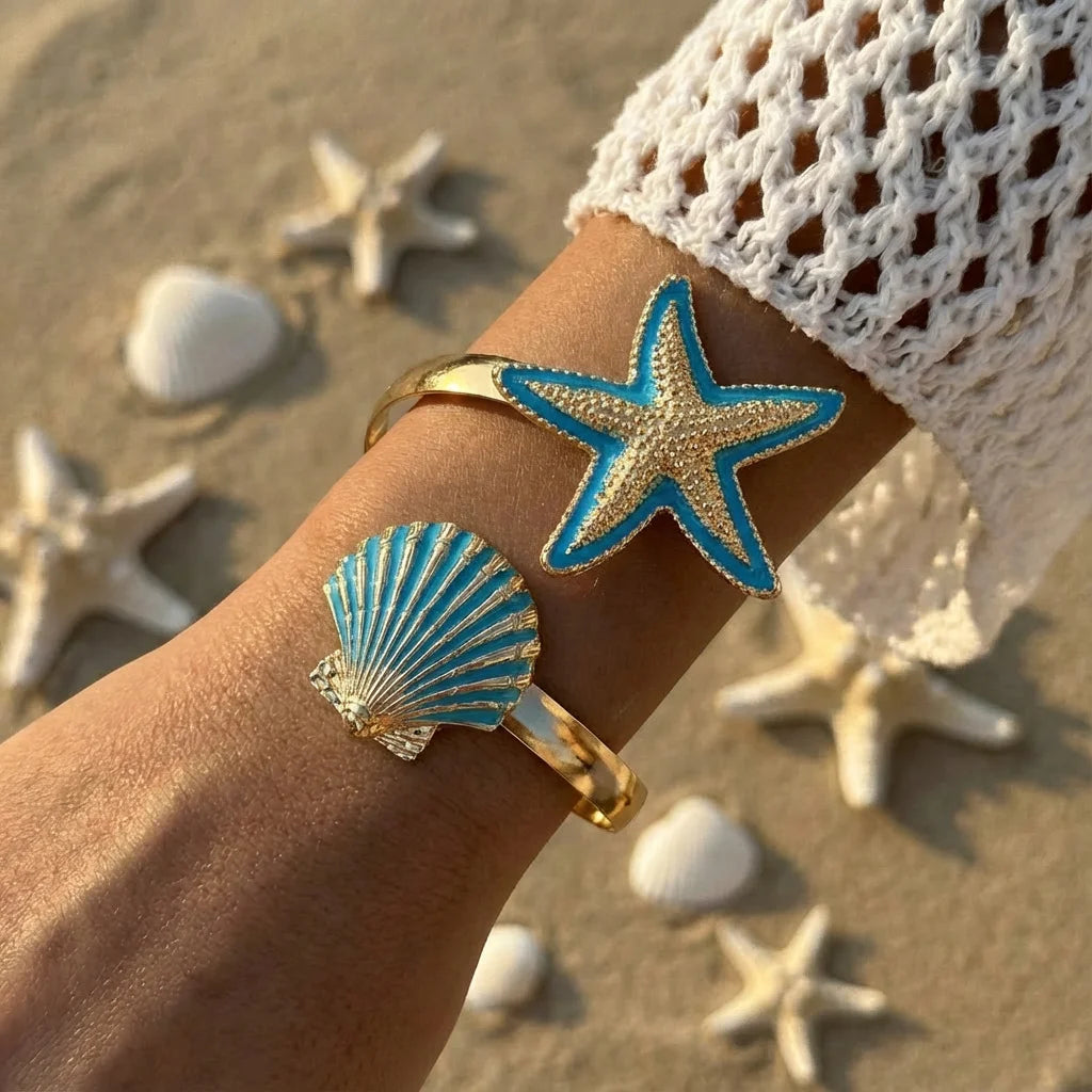 Starfish and Shell Enamel Bangle Bracelet
