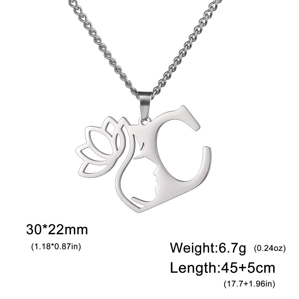 Lotus Flower Initial Letter Pendant, Personalized Stainless Steel Necklace