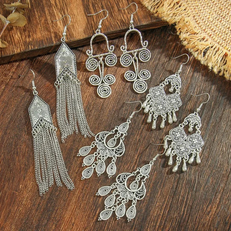 Antique Hollow Pattern Tassel Ethnic Earrings Jewelry