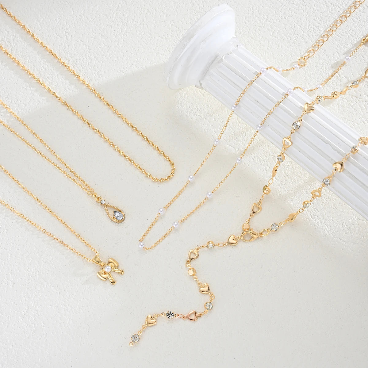 Zircon Pearl Bow Heart Layered Necklace Set Jewelry