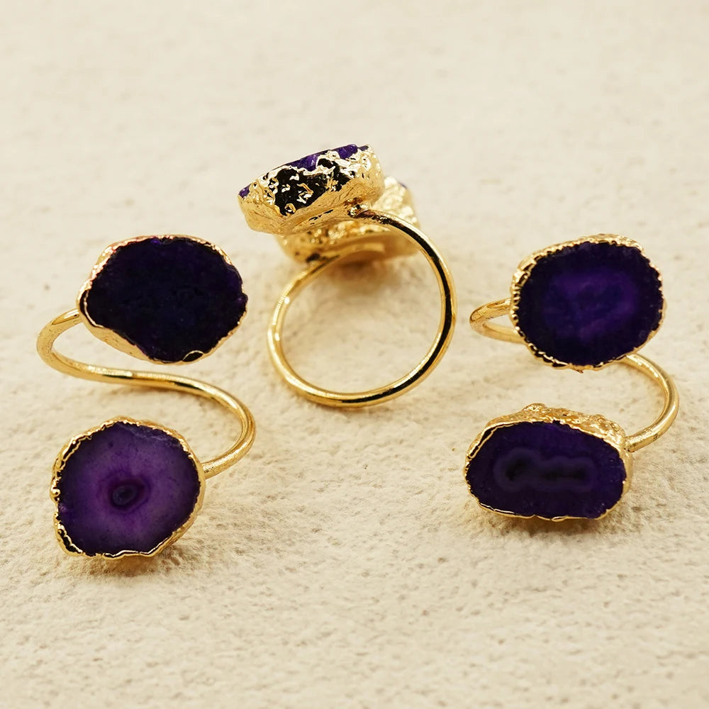 Irregular Agate Slices Open Cross Ring for Women Girls Boho Rough Natural Stone Sunflower Finger Jewelry Wedding Party Gift - Charlie Dolly
