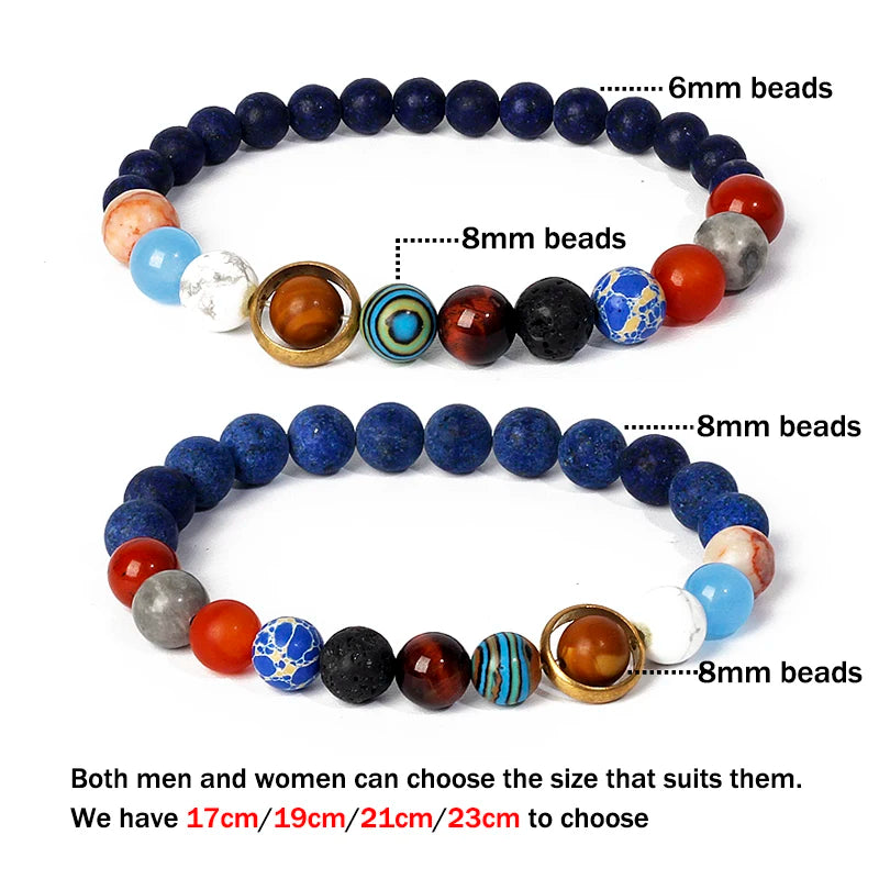 Nine Planets Solar System Beaded Bracelet, Natural Stone Galaxy Cosmic Talisman