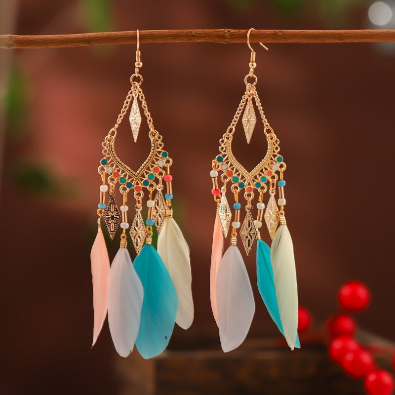 Vintage Bohemian Ethnic Style Earrings Long Rice Bead Tassel Earrings FOR WOMEN Alloy Dripping Oil Long Tassel Earrings - Charlie Dolly