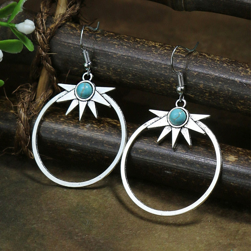 53 Styles Bohemian Vintage Tibetan Silver Geometric Drop Earrings For Women Ethnic Blue Stone Tassel Dangle Earrings Jewelry