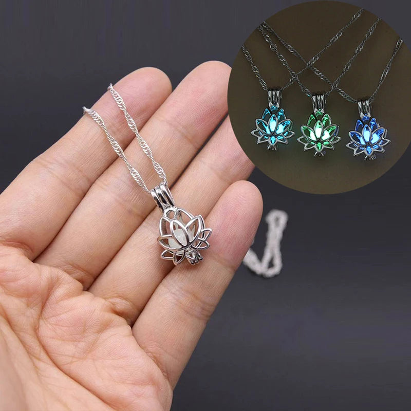 Glow-in-the-Dark Moon & Lotus Pendant, Luminous Spiritual Talisman Necklace