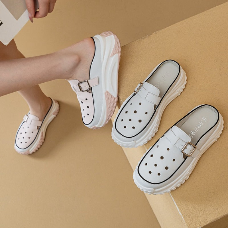 Fujin 6cm Cow Genuine Leather Platform Wedge Casual Chunky Sneaker Women Summer Hollow Female Women Mules Shoes Sandals Slippers