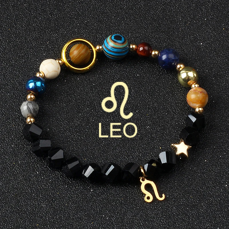 Eight Planets & Twelve Zodiac Beaded Bracelet, Natural Stone Cosmic Astrology Talisman