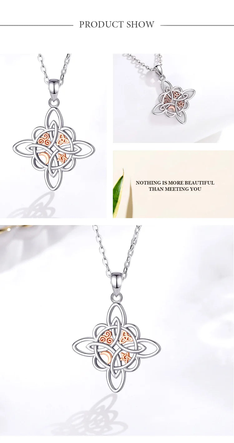 S925 Sterling Silver Witch Knot Pendant Necklace, Celtic Star & Moon Witchcraft Amulet