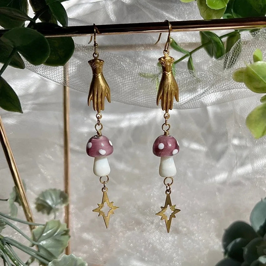 Moon Phase Mushroom Drop Earrings