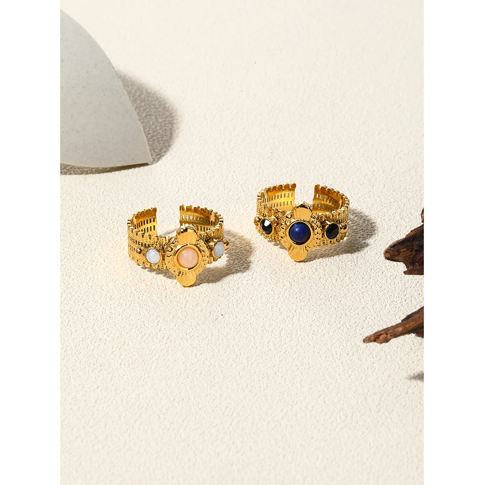 YACHAN Boho Vintage Stainless Steel Rings for Women Pink Natural Stone Lazurite 18K Gold Plated Aesthetic Trend Jewelry - Charlie Dolly