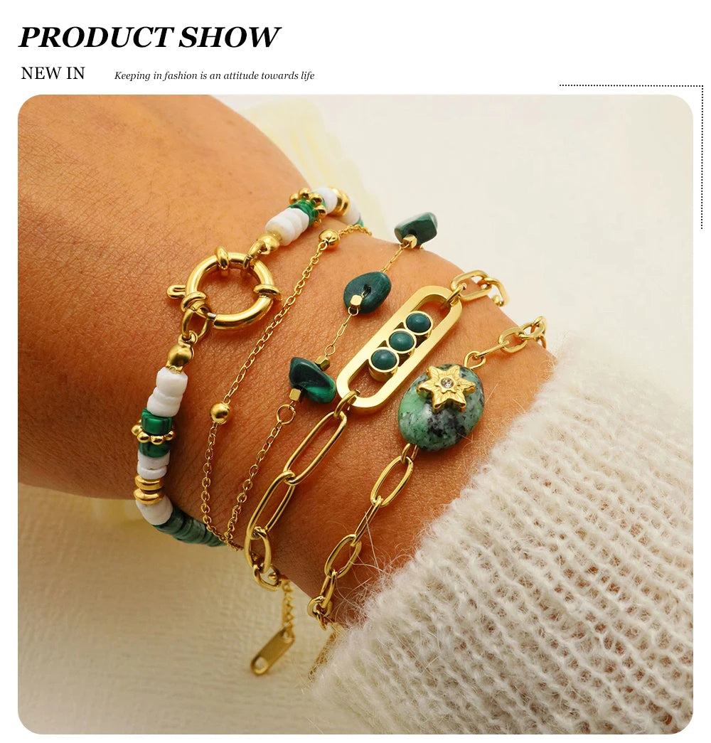 WILD & FREE Boho Vintage Green Natural Stone Bracelets for Women Stainless Steel Trendy Charms Aesthetic Jewelry Set - Charlie Dolly