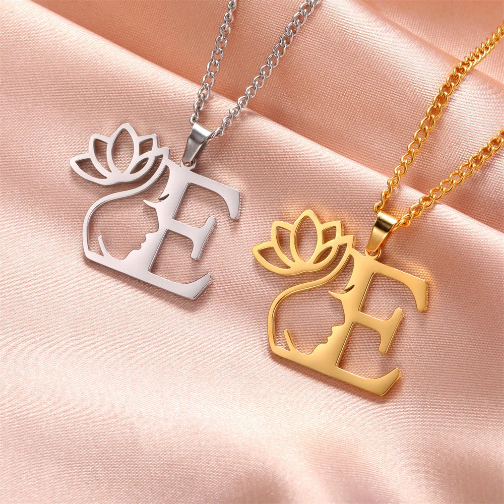 Lotus Flower Initial Letter Pendant, Personalized Stainless Steel Necklace