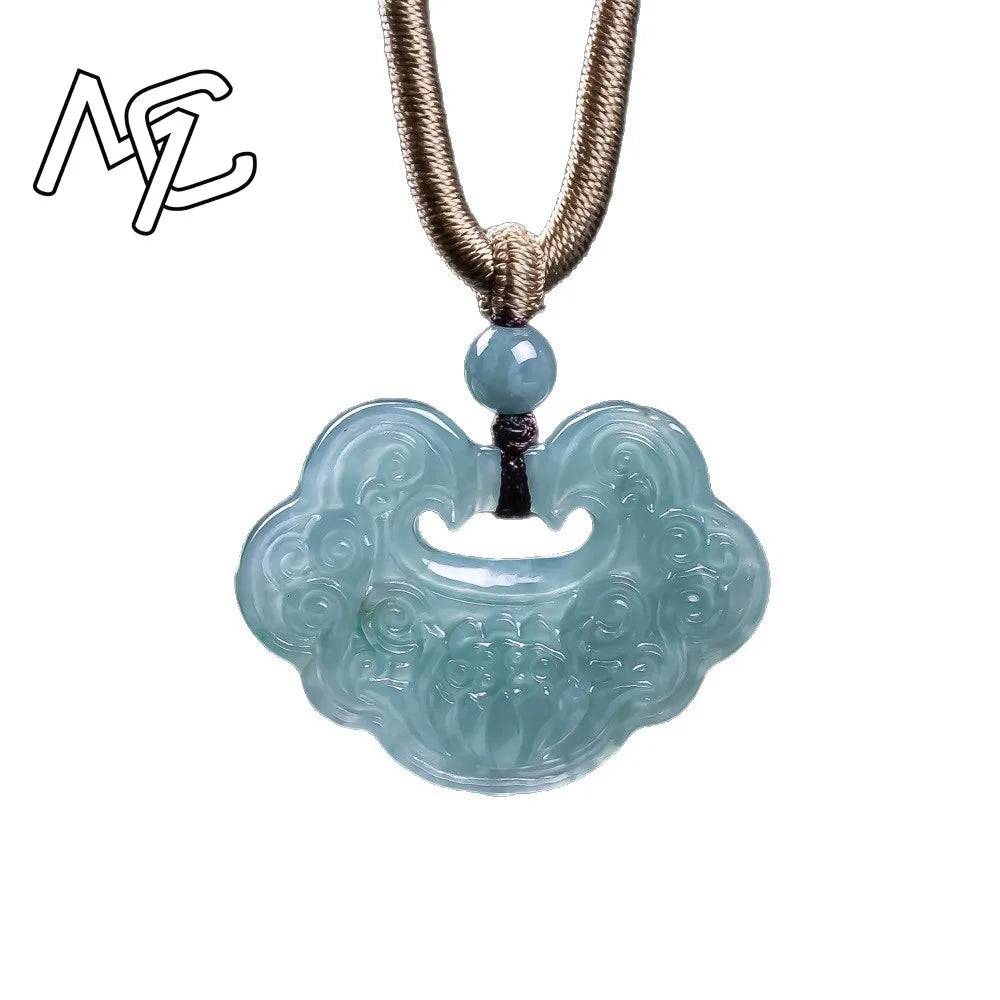 Burmese Emerald Jadeite Blue Water Lotus Ruyi Pendant Necklace, Natural Amulet