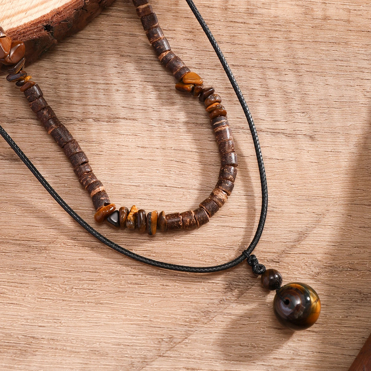 Vintage Coconut Shell and Gravel Bead Boho Necklace for Men