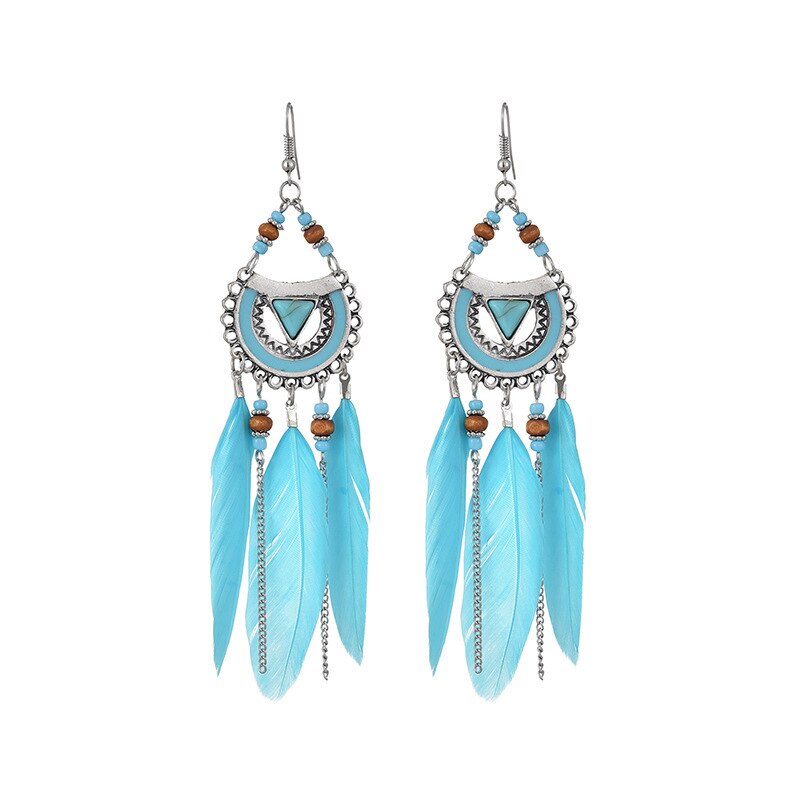Bohemian White Semicircle Long Feather Tassel Ladies Earrings Women Summer Indian Jewelry Natural Wood Beads Dangle Earrings
