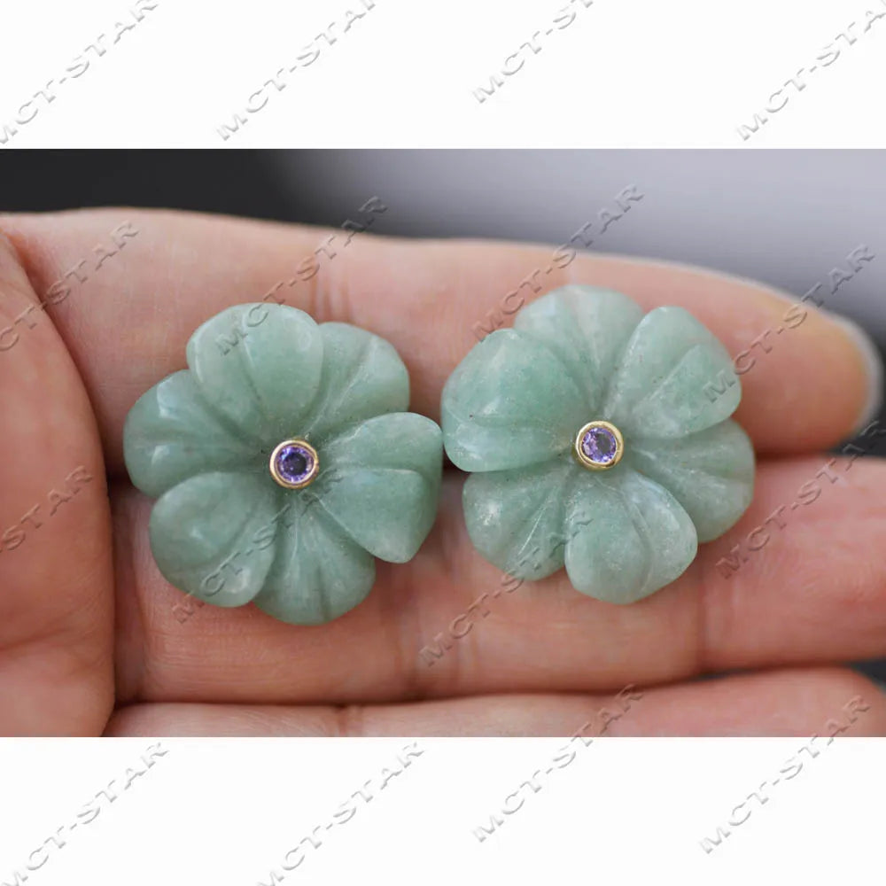 Z14219 Natural 25mm Blue Lapis lazuli Green Yellow Jade Jasper Pink Crystal Flower CZ Stud Earring - Charlie Dolly