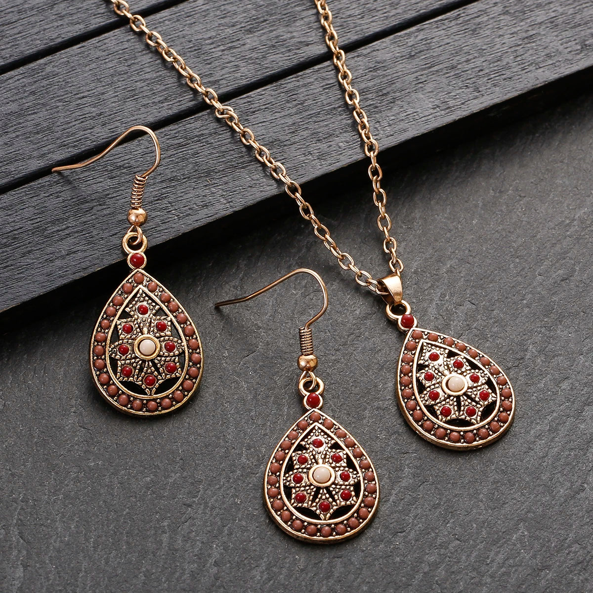 Colorful Bead Flower Necklace Earring Set Jewelry