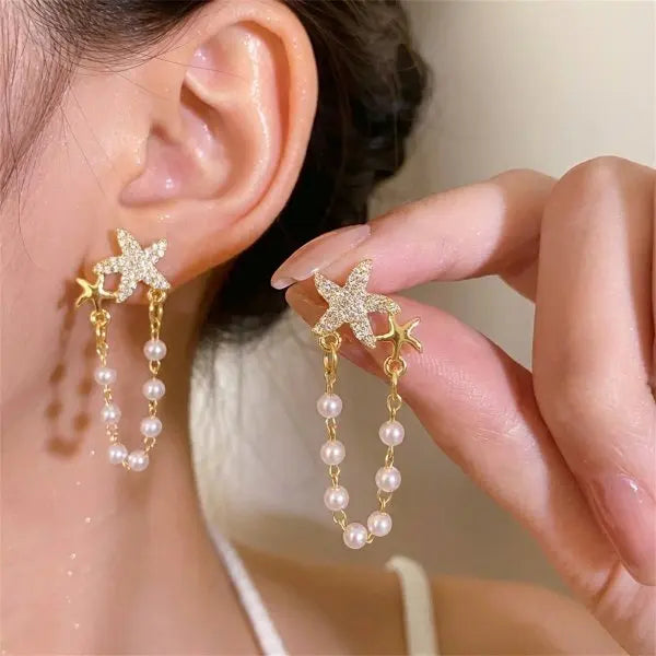 Pearl and Seashell Clustered Tassel Dangle Earrings