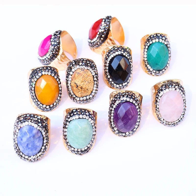 Irregular Geode Stone Agate Slices Open Ring Unisex Black Color Boho Resizable Finger Jewelry - Charlie Dolly