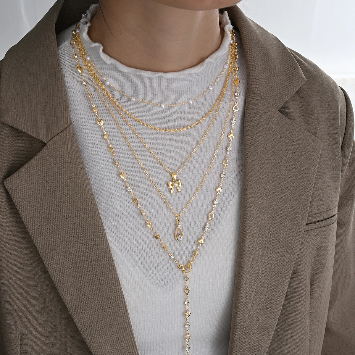 Zircon Pearl Bow Heart Layered Necklace Set Jewelry