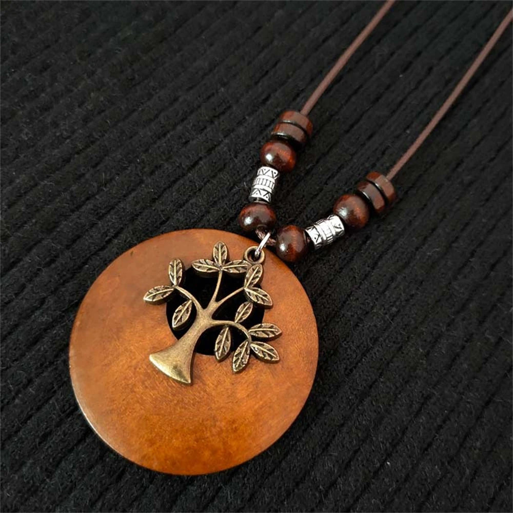 Wood Owl Leaf Pendant Wax Rope Necklace Jewelry
