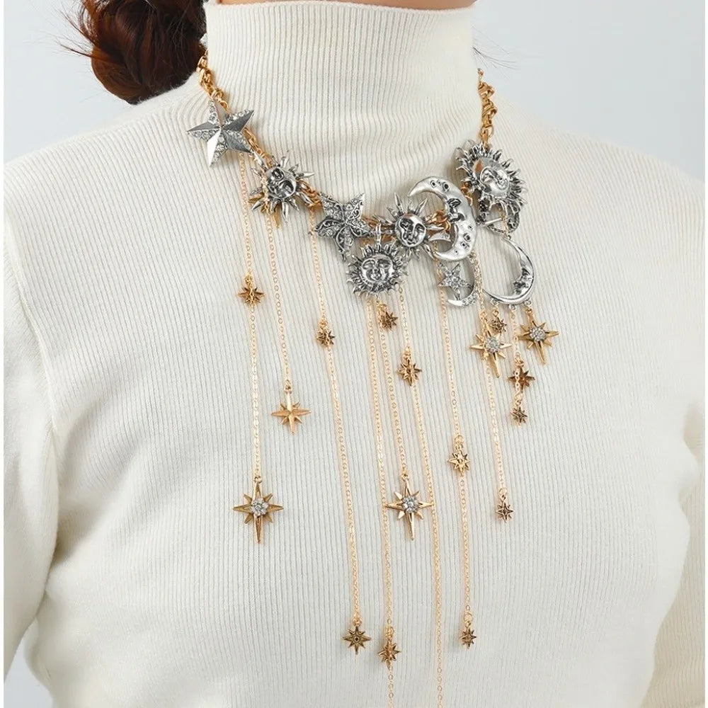 Sun Moon Star Layered Tassel Necklace Jewelry