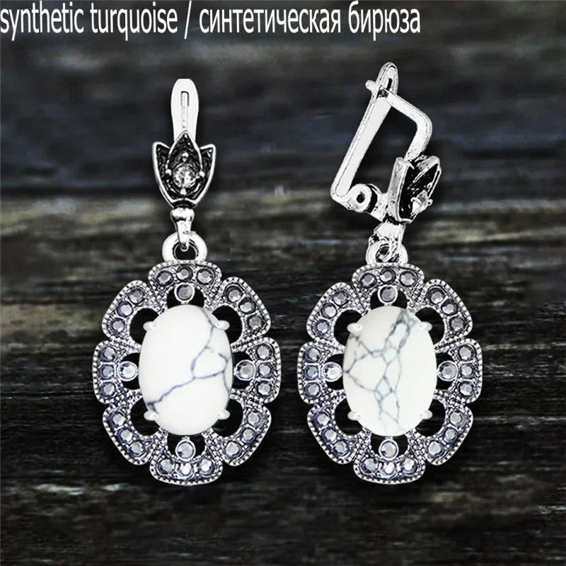 Vintage Plumflower Natural Jades Quartz Earrings For Women Antique Silver Plated Lapis Lazuli Tiger Eye Stone Fashion Earring - Charlie Dolly