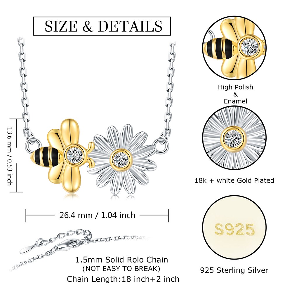 925-Sterling-Silver Cute Honey Bee Sunflower Pendant Necklace Jewelry Mother’s Day Birthday Gift for Women Girlfriend Daughter