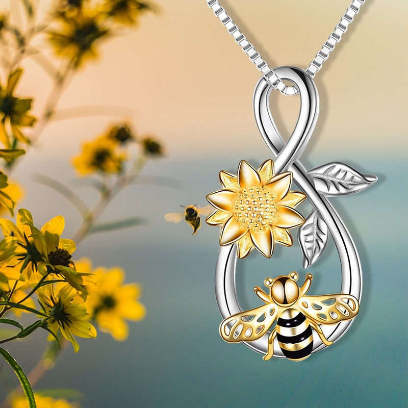 Bee Sunflower Necklace Flower Men's and Women's Collar Pendant Personality Fashion Send Girlfriend Birthday Christmas Gift