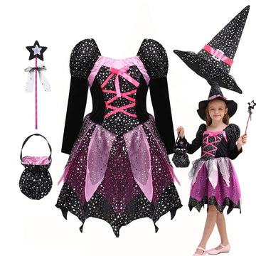 4 Pieces Witch Clothing Set Dress+Hat+Wand+Bag Girls Halloween Wizard Costume 2024 Kid Make up Party Hag Witch Apparel Vestidos - Charlie Dolly