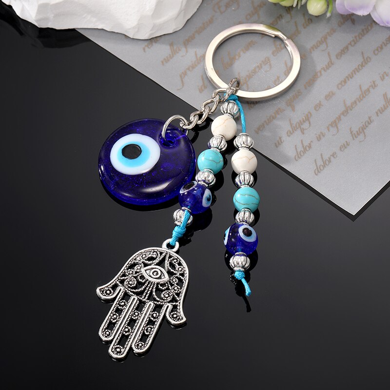 Blue Evil Eye Hamsa Hand Beads Keychain Keyring For Women Men Glass Vintage Round Turkish Eye Fatima Hand Tassel Bag Car Jewelry