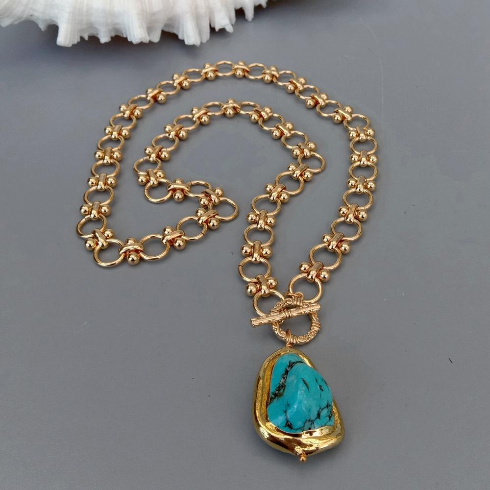 KKGEM Gold Plated Link Chain 22x28mm Blue Turquoise Pendant Chokers Necklace Designer Gems Jewelry