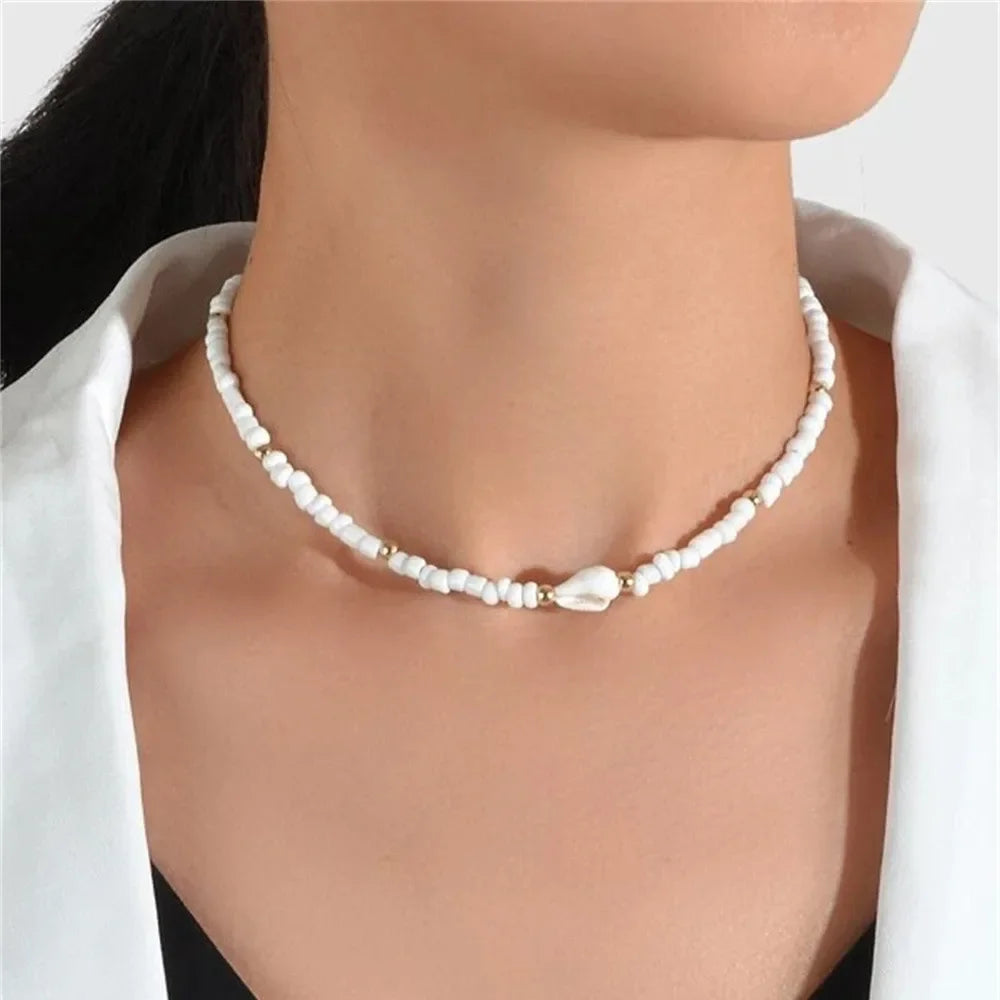 Conch Shell White Bead Chain Necklace Jewelry