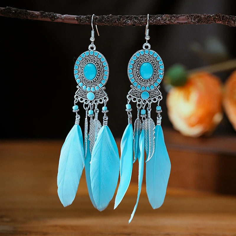 Blue Enamel Feather Crystal Long Earrings Jewelry