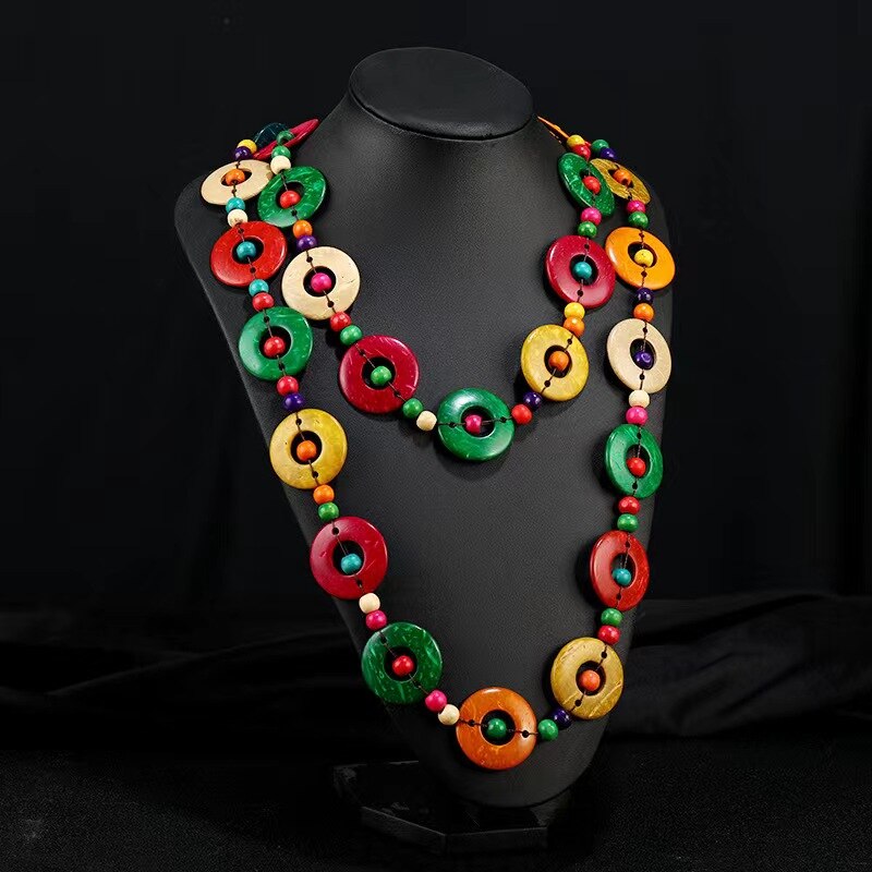 Bohemian Necklace for Women Personalized Exaggerated Ethnic Color Coconut Shell Wooden Necklace Girls Vacation Party Trendy Gift
